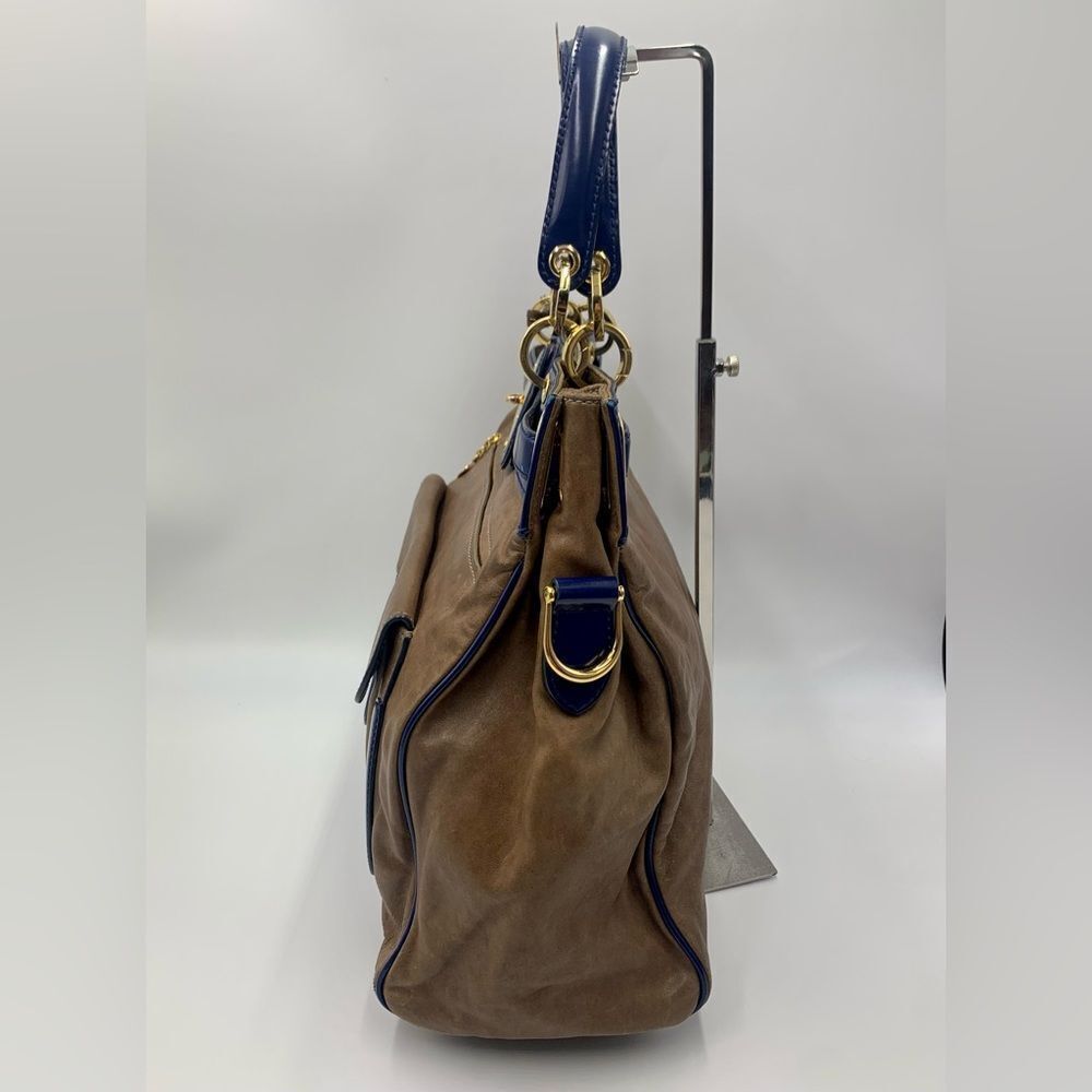 Auth Balenciaga Smooth Brown Leather Navy Patent Top Handle Moon Bag Preloved - Picture 5 of 14